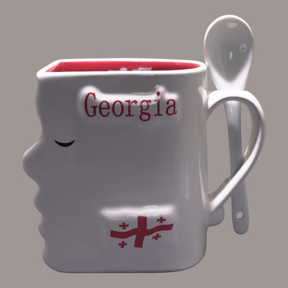 Kissing Mugs w/ 2 Teaspoons Ceramic Red & White Gift Valentine NWOT - Picture 6 of 11